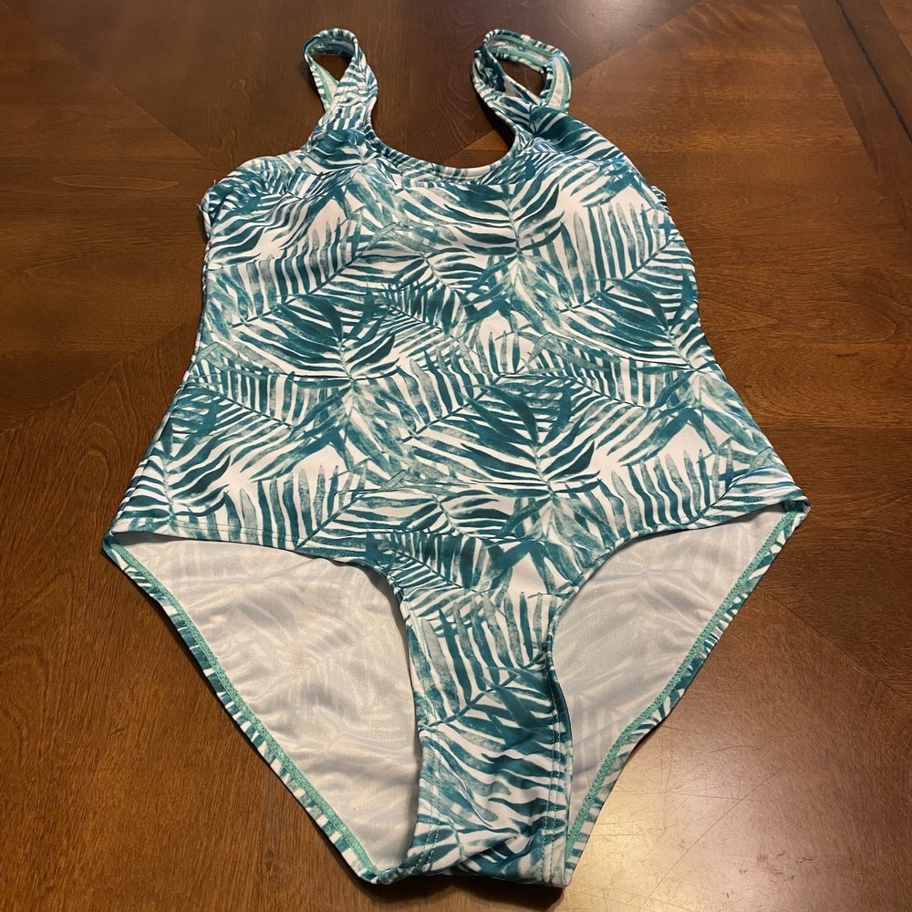 Palm Leaf Bobbie Brooks Swimsuit Womens Sz M 1 Piece Scoop Back Beach Babe Gold